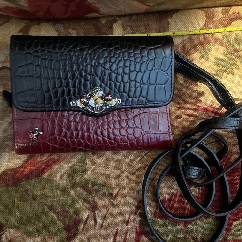 Brighton Ladybug & Flower Black & Burgundy Croc Embossed Crossbody Wallet